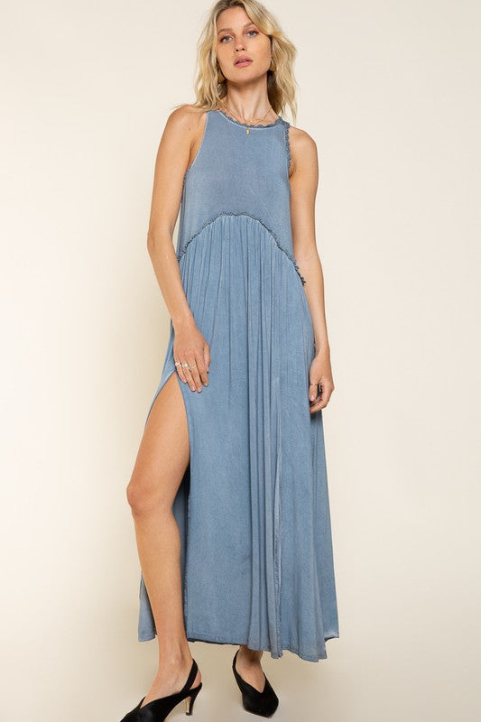 Stone Washed Side Slit Cut Out Maxi Dress