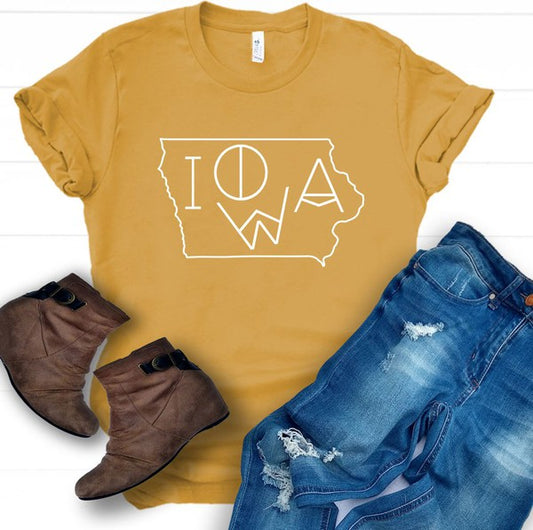 Iowa Line Font Outline Boutique Style Tee