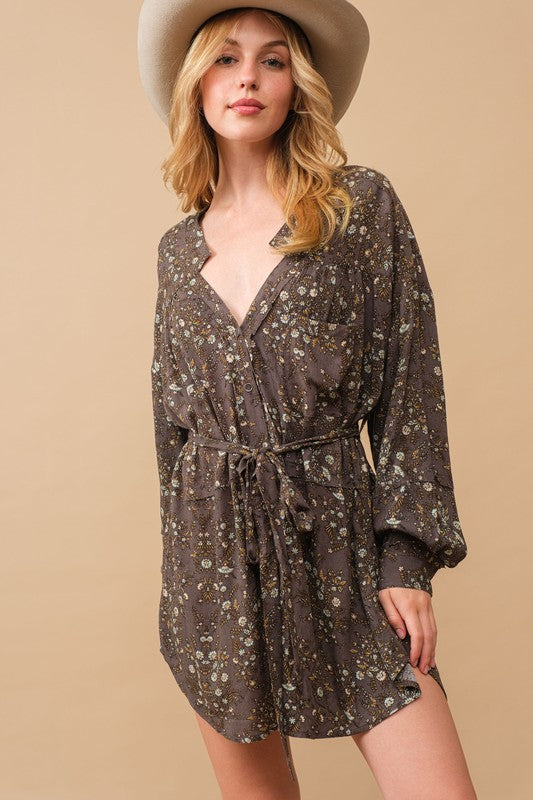 Rayon Crinkle Ditsy Floral Raw Shift Shirt Dress