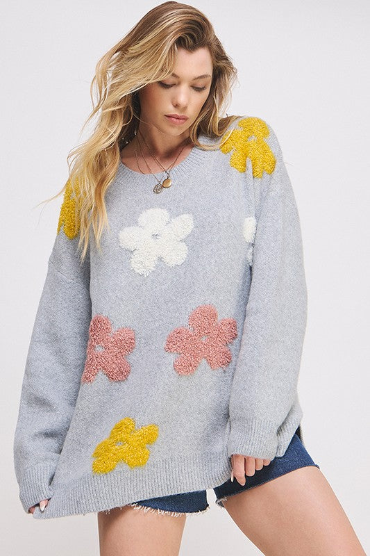 PLUS OVERSIZED LONG SLEEVE FLORAL KNIT SWEATER