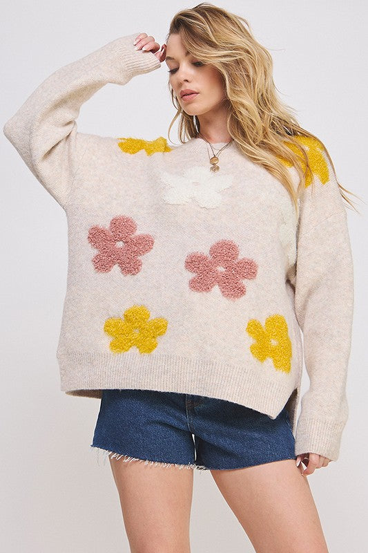 PLUS OVERSIZED LONG SLEEVE FLORAL KNIT SWEATER