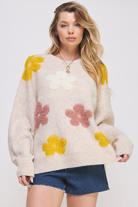 PLUS OVERSIZED LONG SLEEVE FLORAL KNIT SWEATER