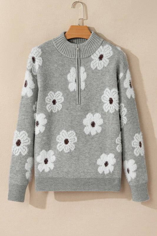 Floral Pattern Drop Shoulder Half Zip Sweater