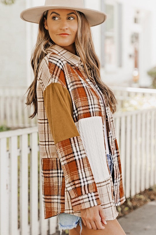 Plaid Color Block Patchwork Pocket Shirt Shacket