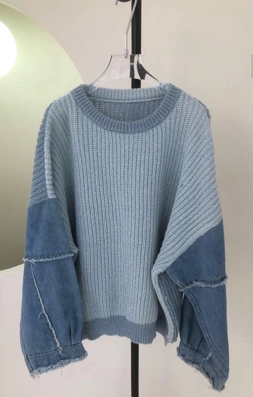 Denim sleeve knit sweater