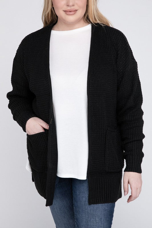 Plus Low Gauge Waffle Open Cardigan Sweater